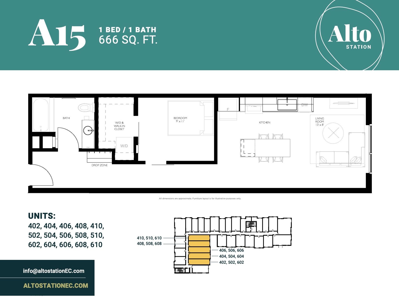 A floor plan of a apartment with 666 square feet