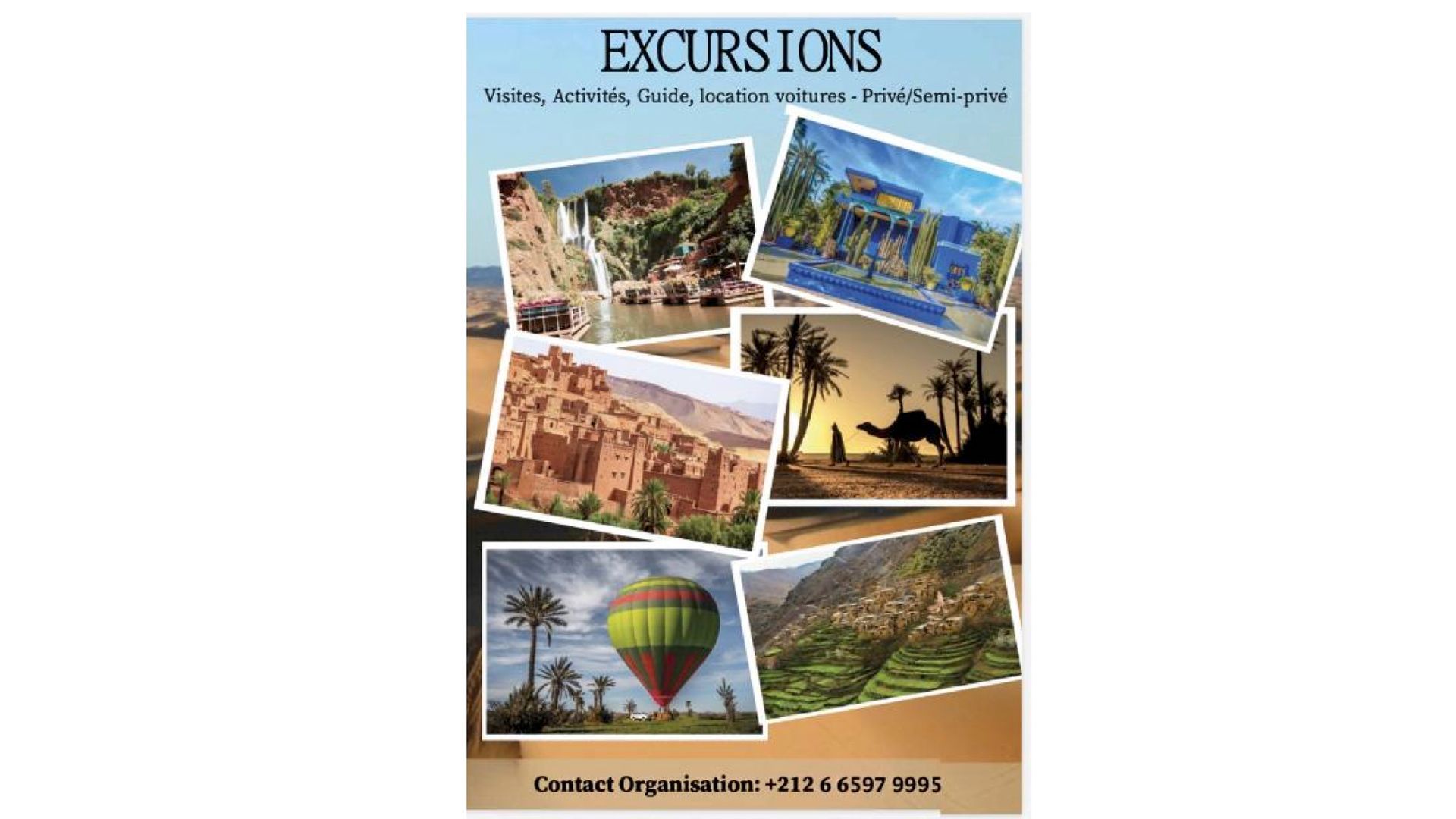 Poster advertising excursions in various locations, featuring travel photos.