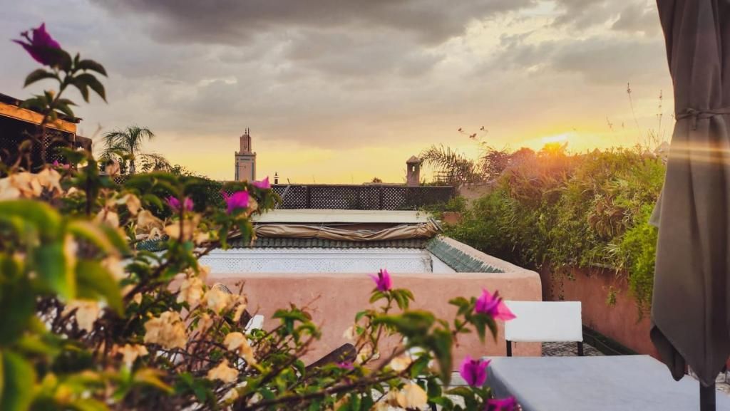 A sunset over a rooftop with flowers and umbrellas in the foreground.
