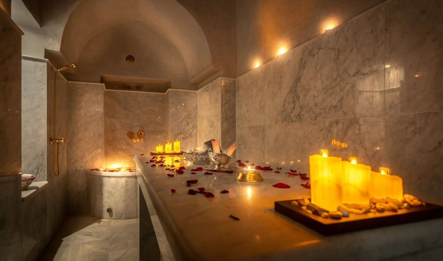 A bathroom with candles and rose petals on the counter.