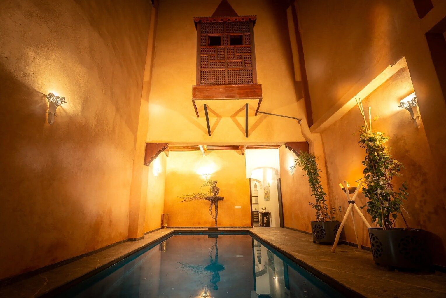 A large indoor swimming pool is surrounded by potted plants.