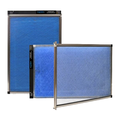 Three rectangular air filters with blue mesh, framed in metal.