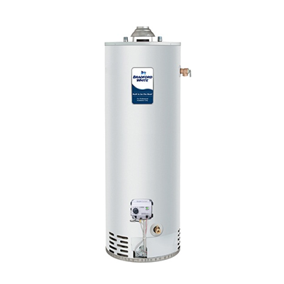Tall, cylindrical water heater with control panel and vent on a white background.