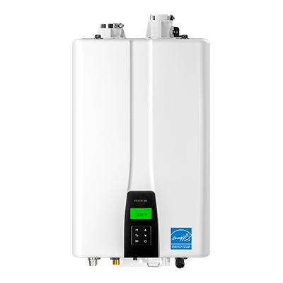 White tankless water heater with digital display and Energy Star label.