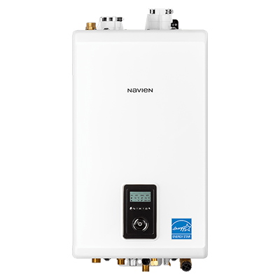 White Navien tankless water heater with digital display and energy star logo.