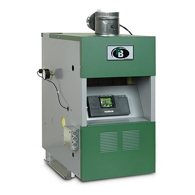 Green and gray heating boiler with a digital control panel.