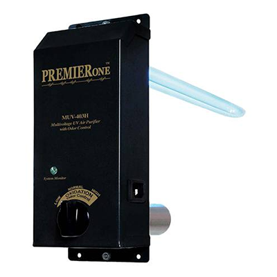 Black PremierOne UV air purifier with a blue UV light tube extending.