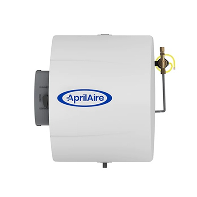 White AprilAire humidifier with blue logo and control knob.