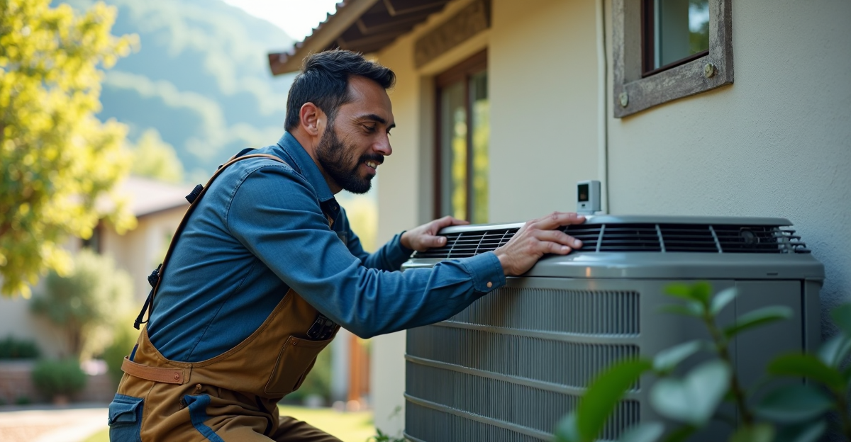 Man inspecting an air conditioning unit on a house exterior, sunny day.