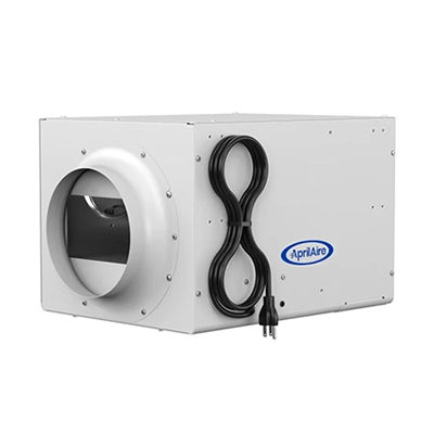 White AprilAire ventilation fan with duct opening and power cord.