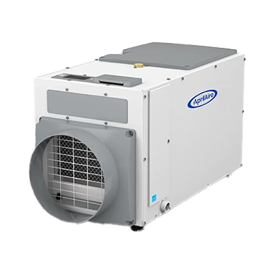 White and gray Aprilaire dehumidifier with a large circular vent on the front.