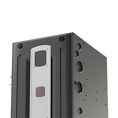 Dark furnace unit with a light-colored panel and display. Metal exterior.