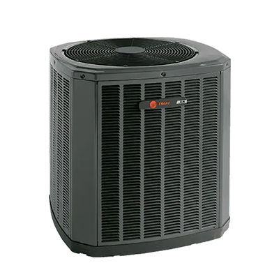 Dark gray Trane air conditioning unit with black fan on top.