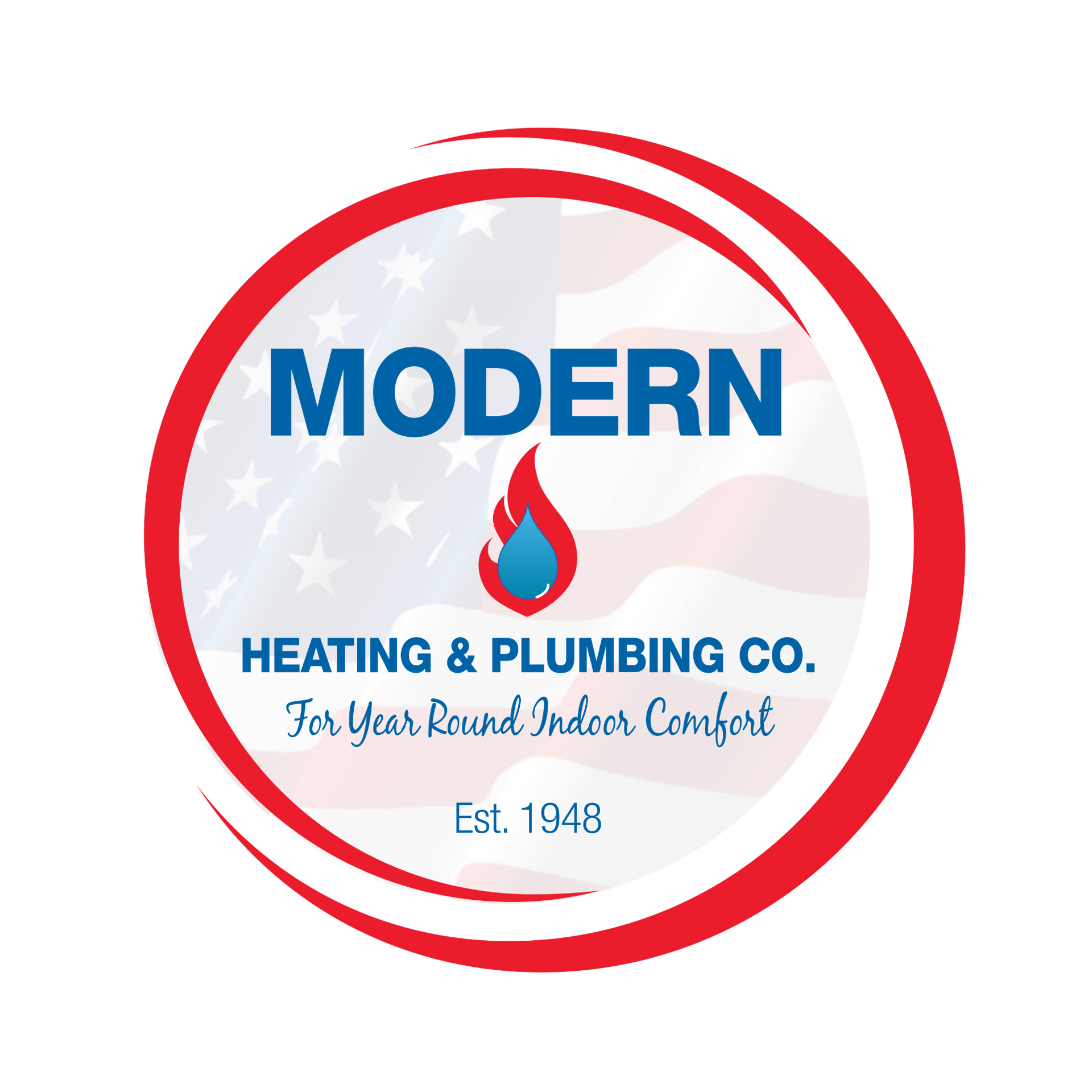 Logo for Modern Heating and Plumbing: red, white, and blue, with