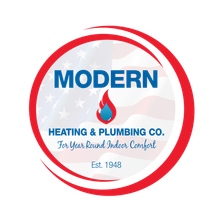 Logo for Modern Heating and Plumbing: red, white, and blue, with