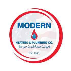 Logo for Modern Heating and Plumbing: red, white, and blue, with