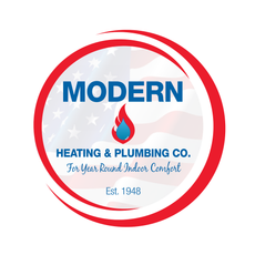 Logo for Modern Heating and Plumbing: Red and white text on a blue and red background, in a stylized badge.