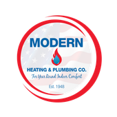 Logo for Modern Heating and Plumbing: red, white, and blue, with 