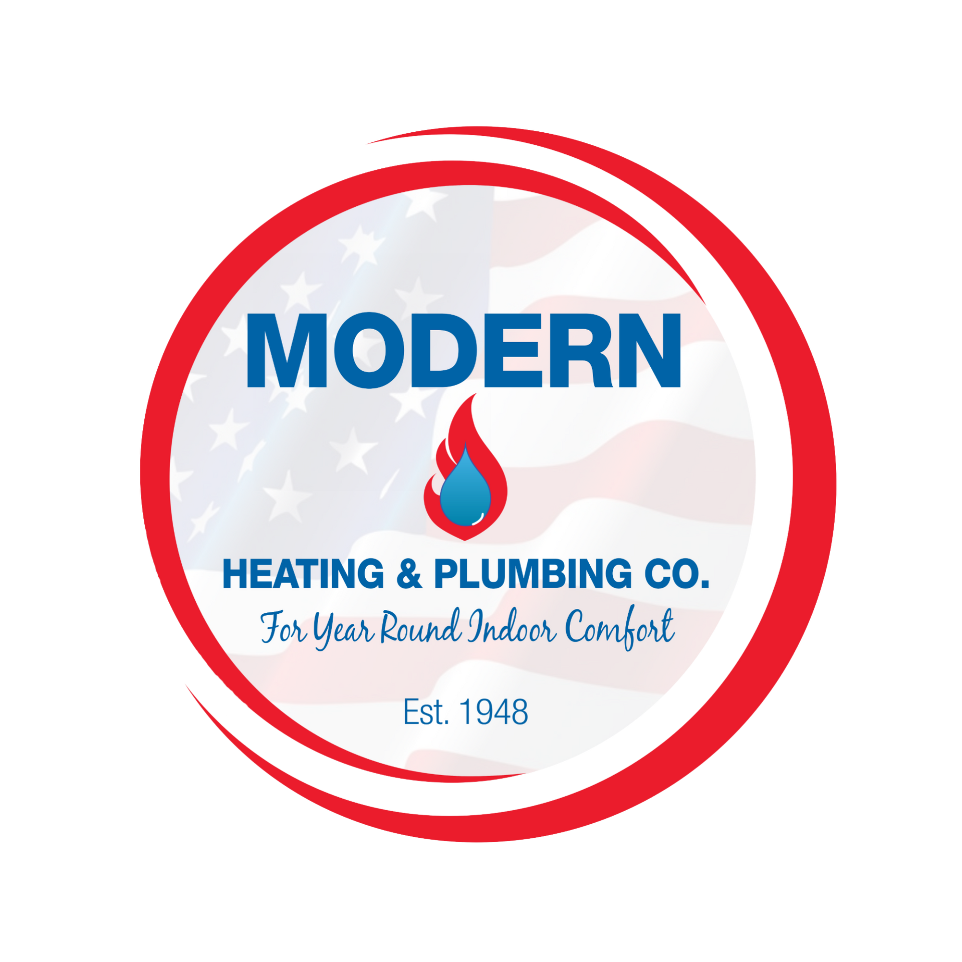 Logo for Modern Heating and Plumbing: red, white, and blue, with 