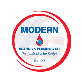 Logo for Modern Heating and Plumbing: Red and white text on a blue and red background, in a stylized badge.