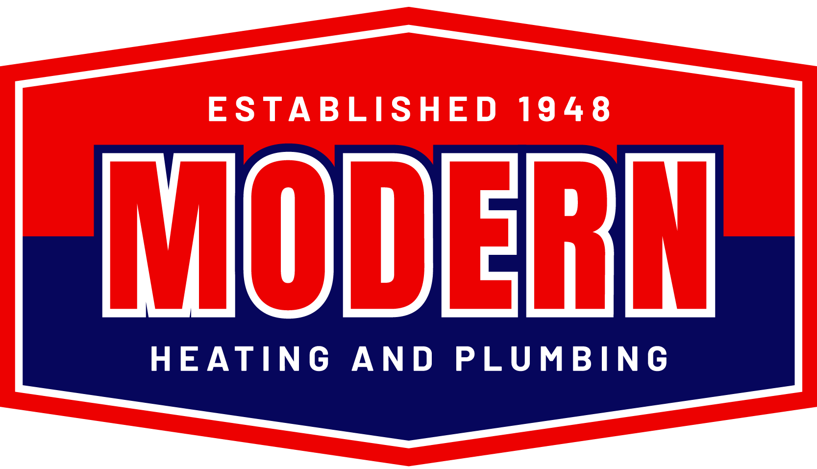 Logo for Modern Heating and Plumbing: red, white, and blue, with 