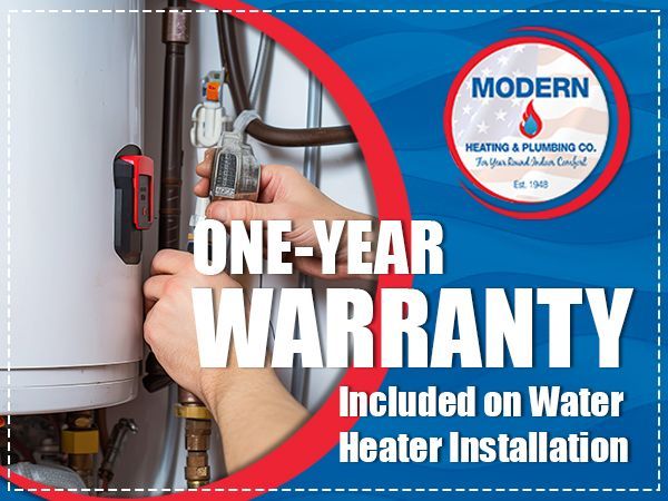 Hands installing a water heater, one-year warranty, Modern Heating & Plumbing Co. logo on a blue background.