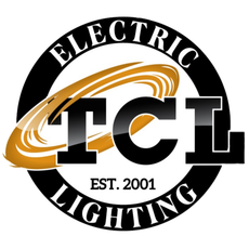 Logo for "TCL Electrical Lighting" in a blue circle with lightning bolts.