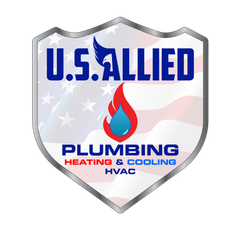 Logo for U.S. Allied: blue and red emblem with flame symbol and text "U.S. ALLIED" and "PLUMBING, HEATING, AND COOLING."