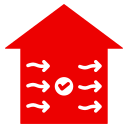 Red house with arrows pointing toward a central checkmark, indicating ventilation and air quality.