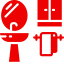 Red bathroom icons: mirror, sink, cabinet, towel rack.