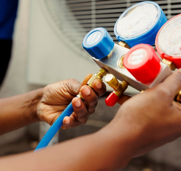Hands connecting a blue hose to HVAC gauges, in front of an outdoor unit.
