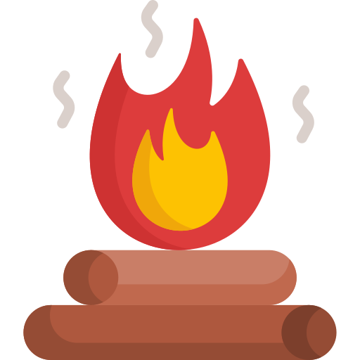 Campfire with red and yellow flames atop brown logs, with rising wisps of smoke.