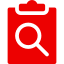 Red clipboard with magnifying glass, suggesting a search or review process.