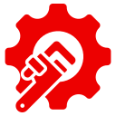 Red gear with a white wrench overlayed.
