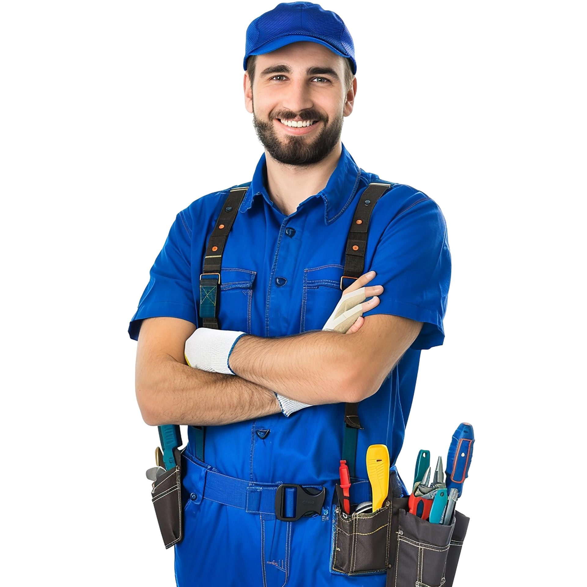 Smiling electrician in blue uniform, arms crossed, with tool belt.