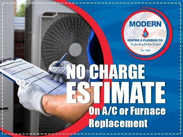 Person in gloves writing on clipboard near HVAC unit; advertisement for Modern Heating & Plumbing: 