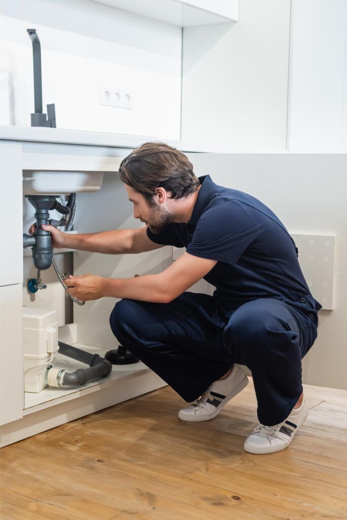 Plumber in blue uniform crouches under a white kitchen sink, working on the drain pipes.