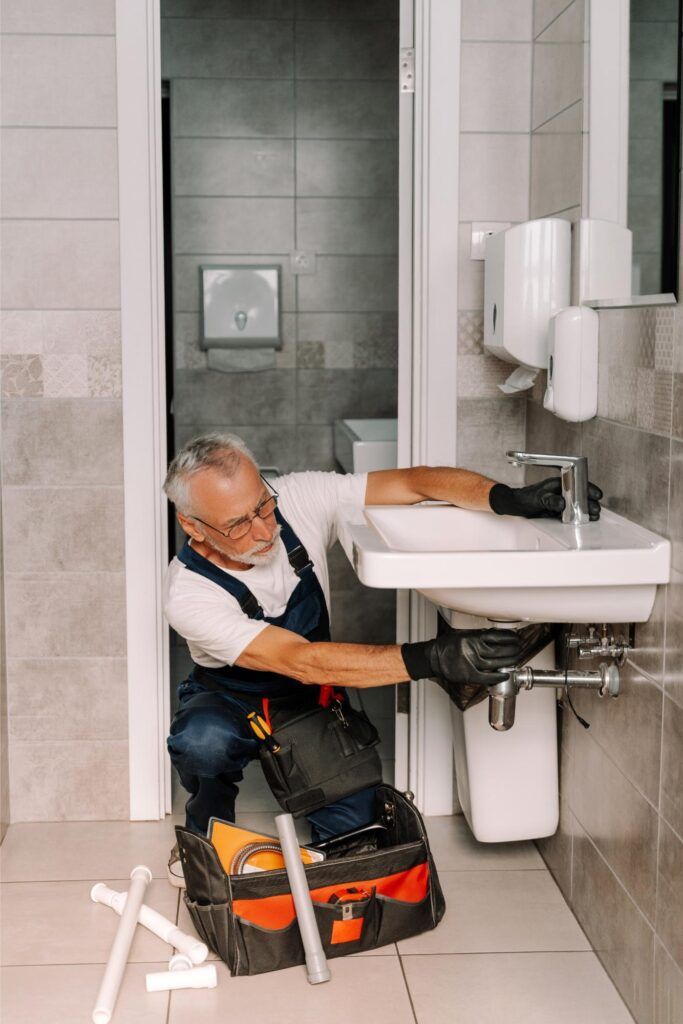 Plumber in a bathroom, working under a sink. He kneels with tools next to him.