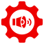 Red gear icon with white interior, featuring a red speaker icon.