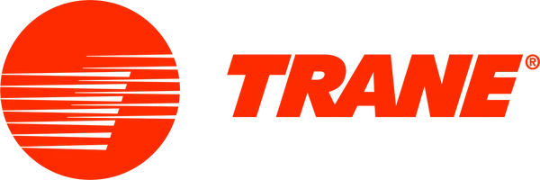 Trane logo: Orange circle with horizontal lines, and the word "TRANE" in orange.