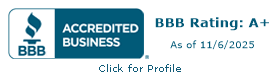BBB Accredited Business logo, with an A+ rating as of 11/6/2025.