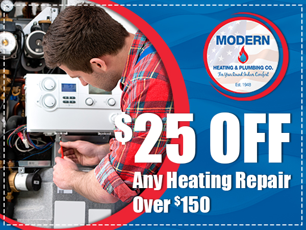 Plumber repairing a heating system. $25 off any heating repair over $150. Logo: Modern Heating & Plumbing Co. Blue, red, and white.
