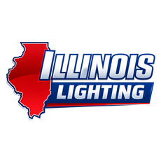 Illinois Lighting logo, red rectangle with white text on a blue outline.