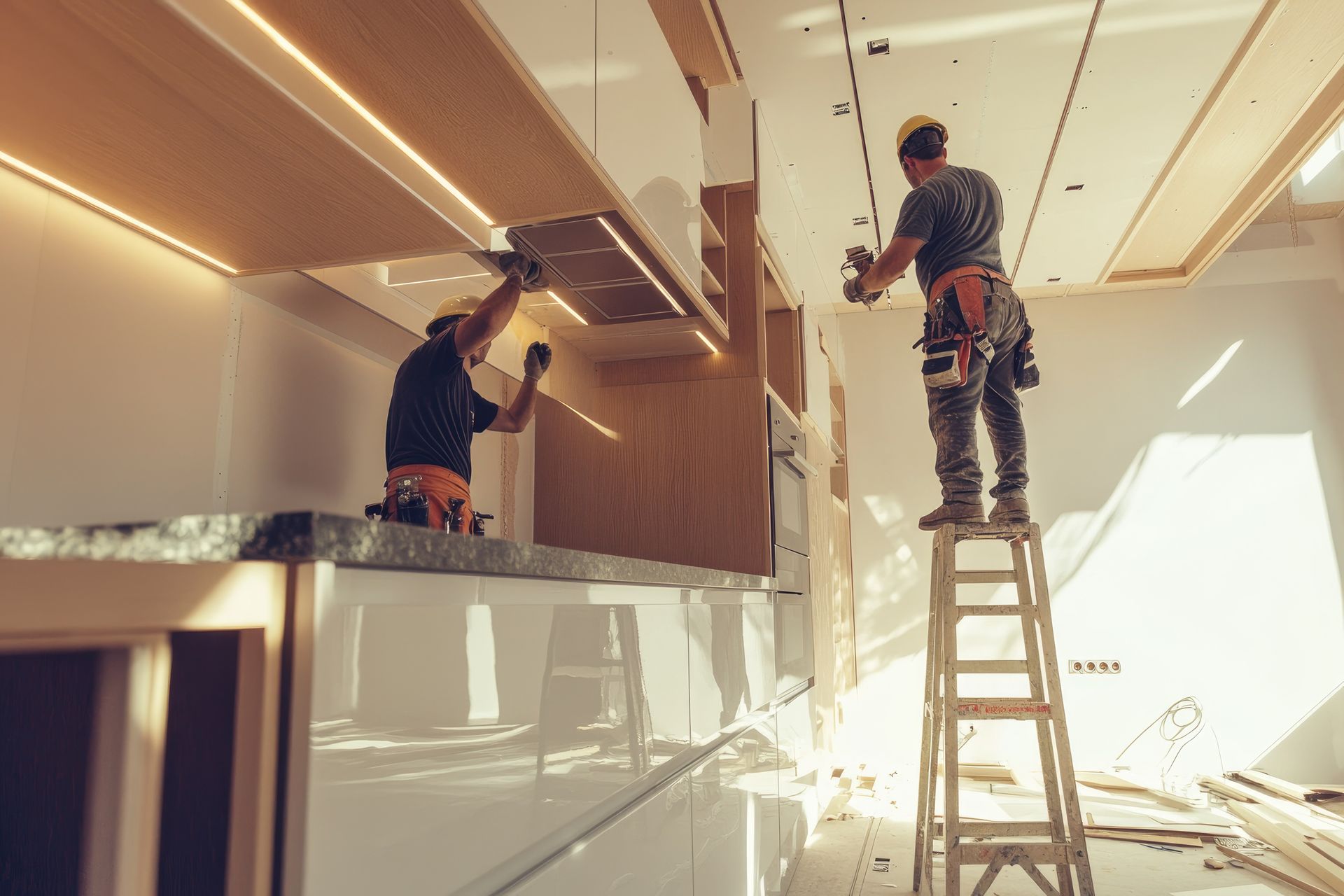 Two workers install kitchen cabinets, one on a ladder, in a room with recessed lighting.