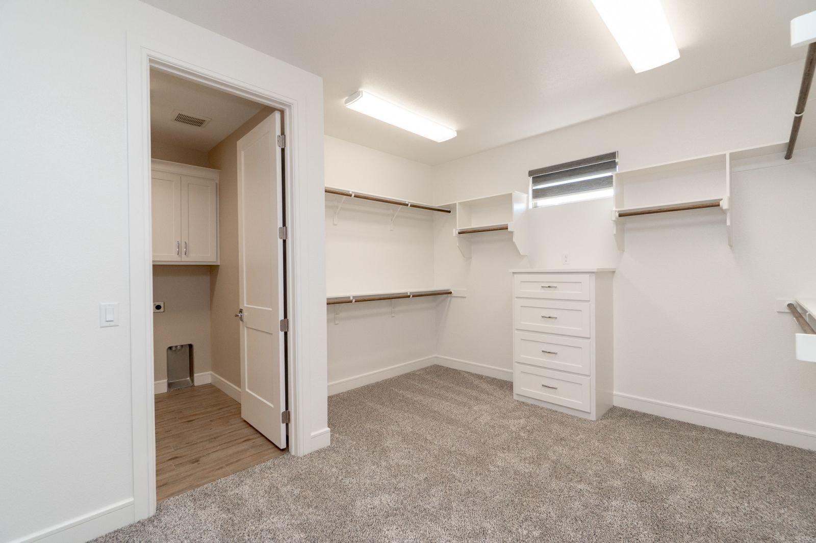 A walk in closet with lots of shelves and a dresser.