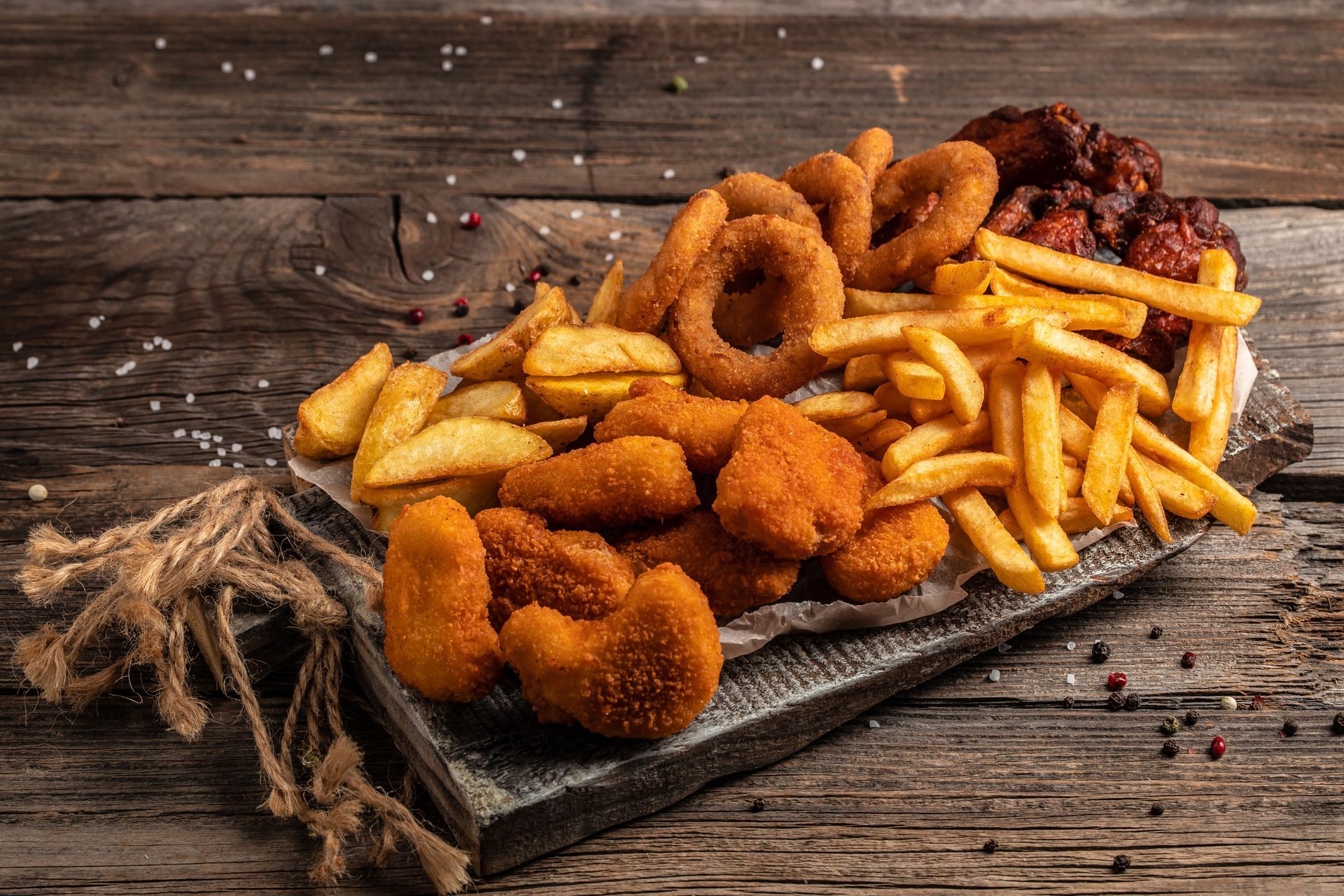 Fried food platter: chicken nuggets, fries, onion rings, wedges, and wings on a wooden tray.