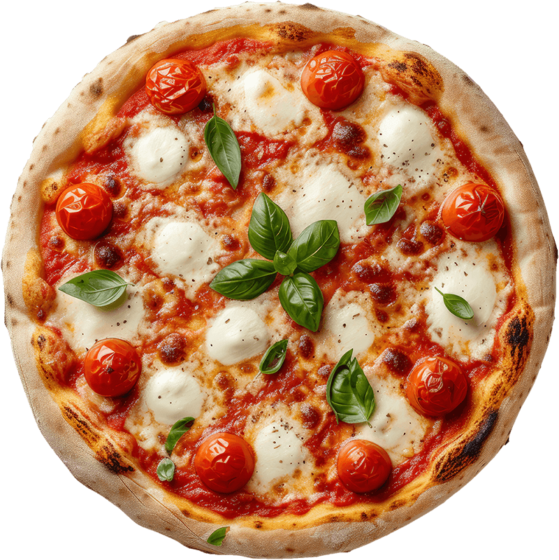 Pizza with tomatoes, mozzarella, and basil on a red sauce, round and baked. Pizza with tomatoes, mozzarella, and basil on a red sauce, round and baked.
