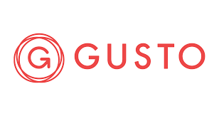 A red logo with the word gusto in a circle on a white background.