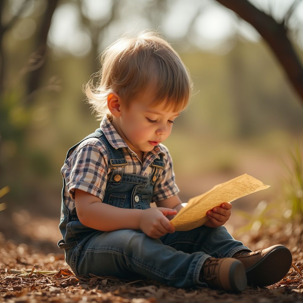Young child in denim overalls reads a yellow paper outdoors.