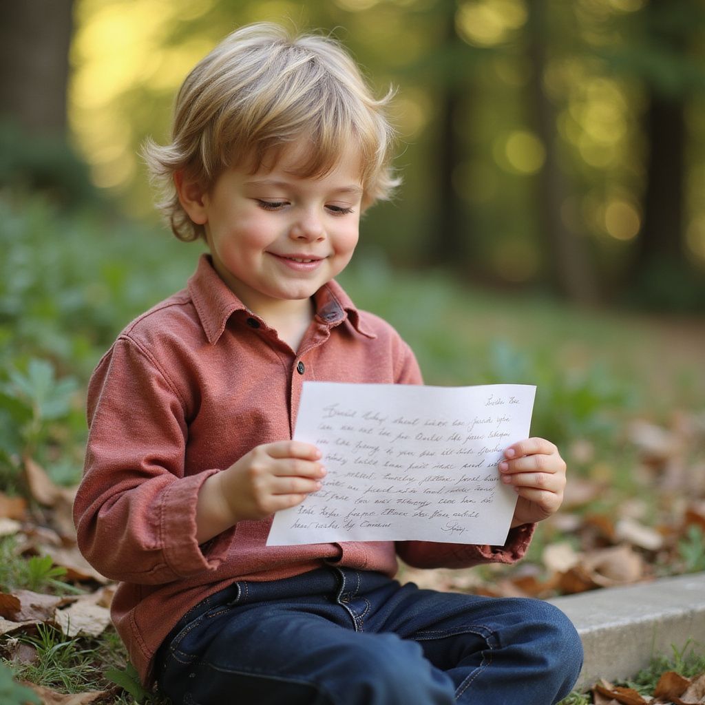 Young boy with blonde hair smiles while reading a handwritten letter outdoors. He is wearing a red shirt and blue jeans.
